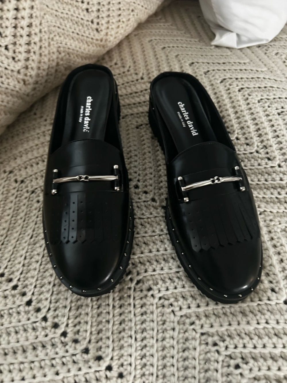Charles David Black Leather Fringe Mule Loafers with Silver Hardware